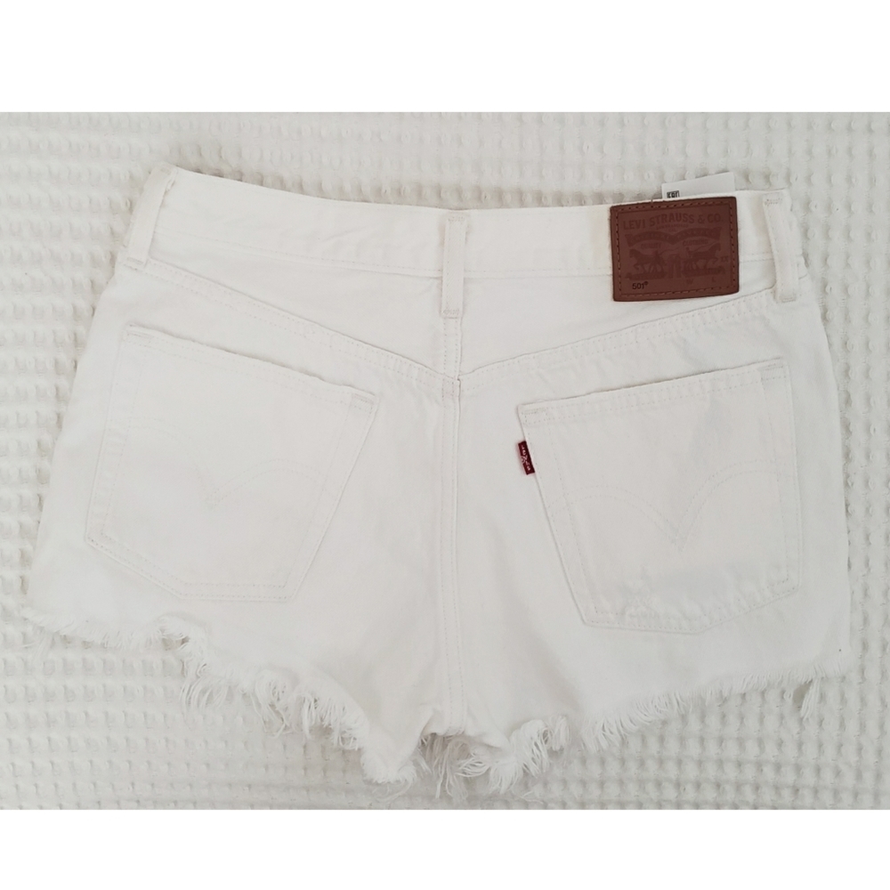 LEVI'S white denim 501 button fly distressed frayed mini shorts 27 - Picture 4 of 6